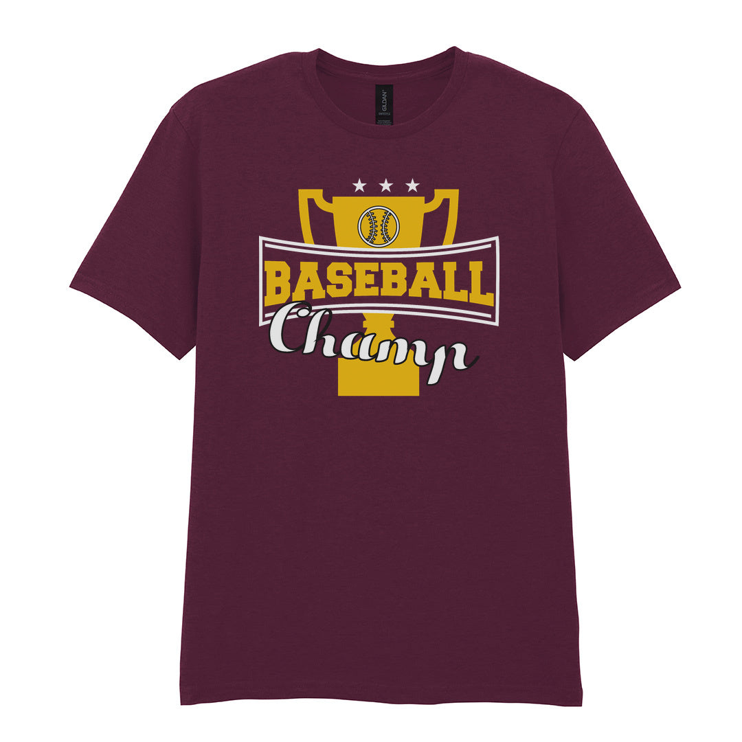 IPRINTOP Baseball Champ 2 Graphic T-Shirt in Maroon - gold trophy and script