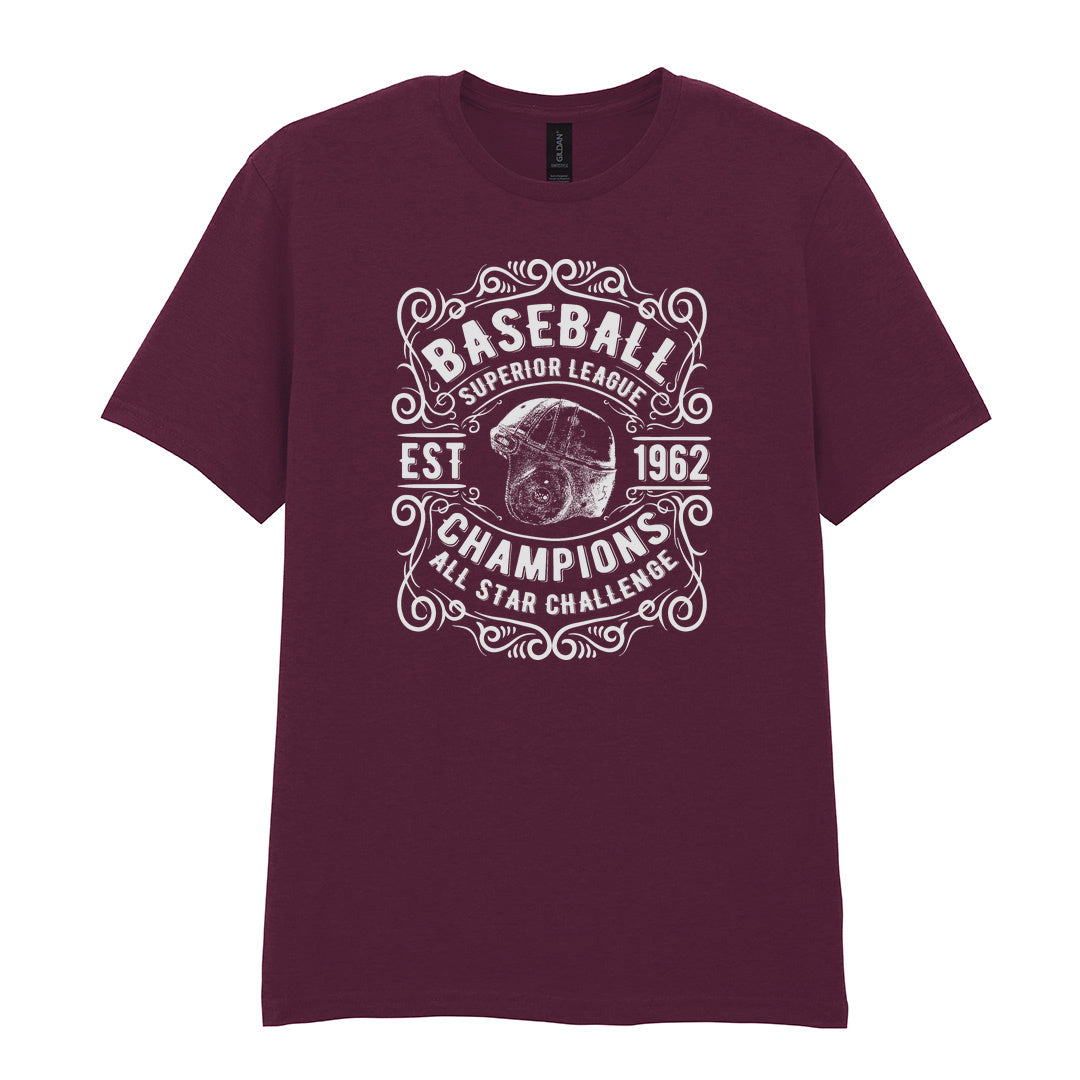 IPRINTOP Baseball Superior League Graphic T-Shirt in Maroon - ornate helmet badge