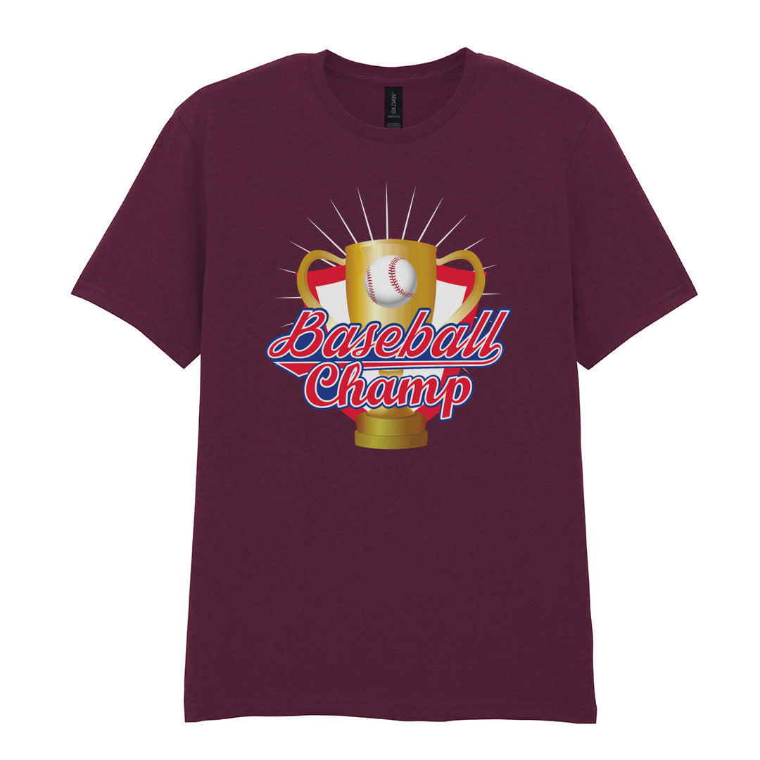 IPRINTOP Baseball Champion Graphic T-Shirt in Maroon - gold trophy and baseball