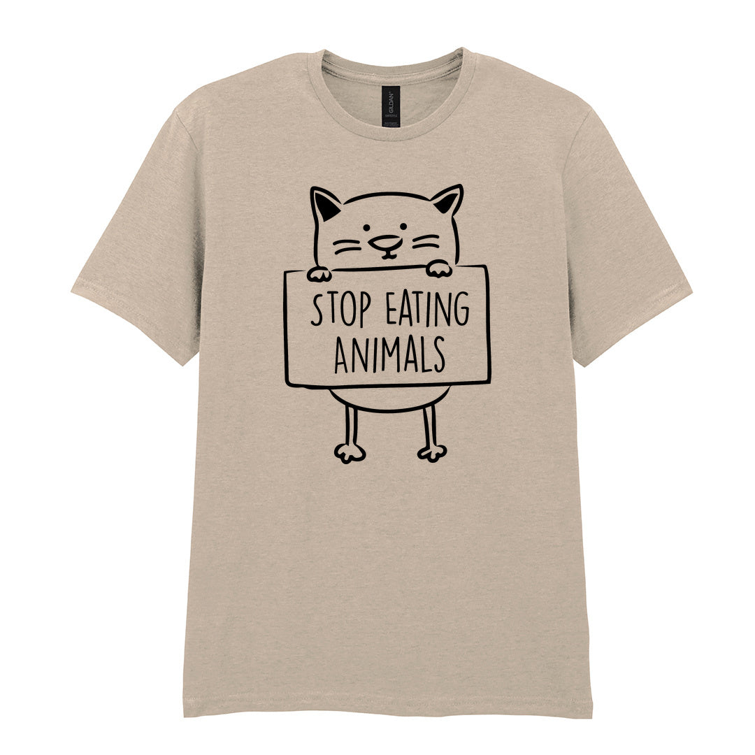 IPRINTOP Stop Eating Animals Graphic T-Shirt in Sand - cat holding Stop Eating Animals sign