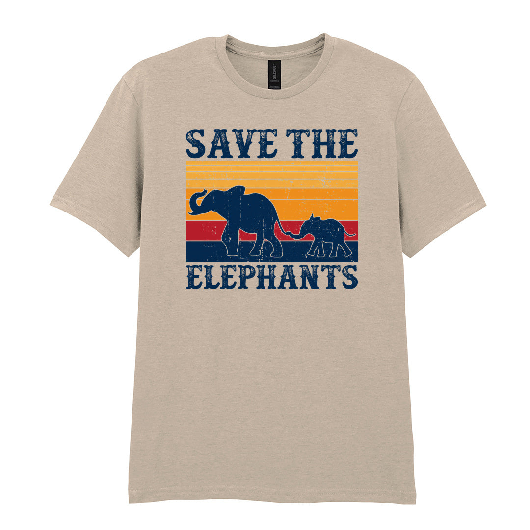 IPRINTOP Save The Elephants Graphic T-Shirt in Sand - elephant silhouettes and sunset stripes