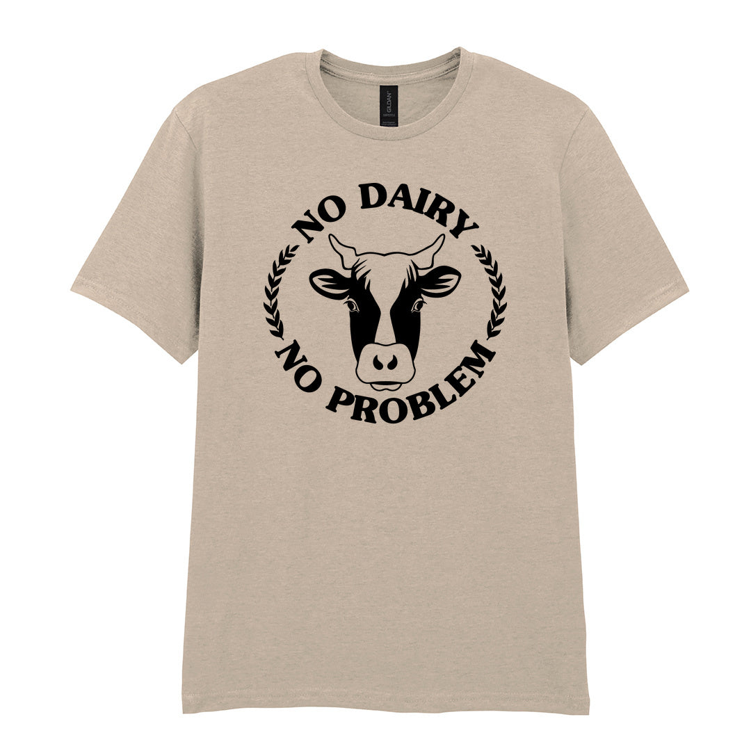 IPRINTOP No Dairy No Problem Graphic T-Shirt in Sand - cow face and No Dairy No Problem
