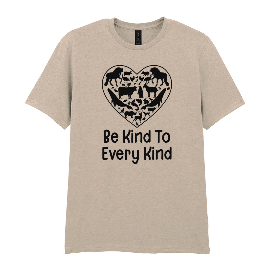 IPRINTOP Be Kind To Every Kind Graphic T-Shirt in Sand - animal silhouettes in a heart