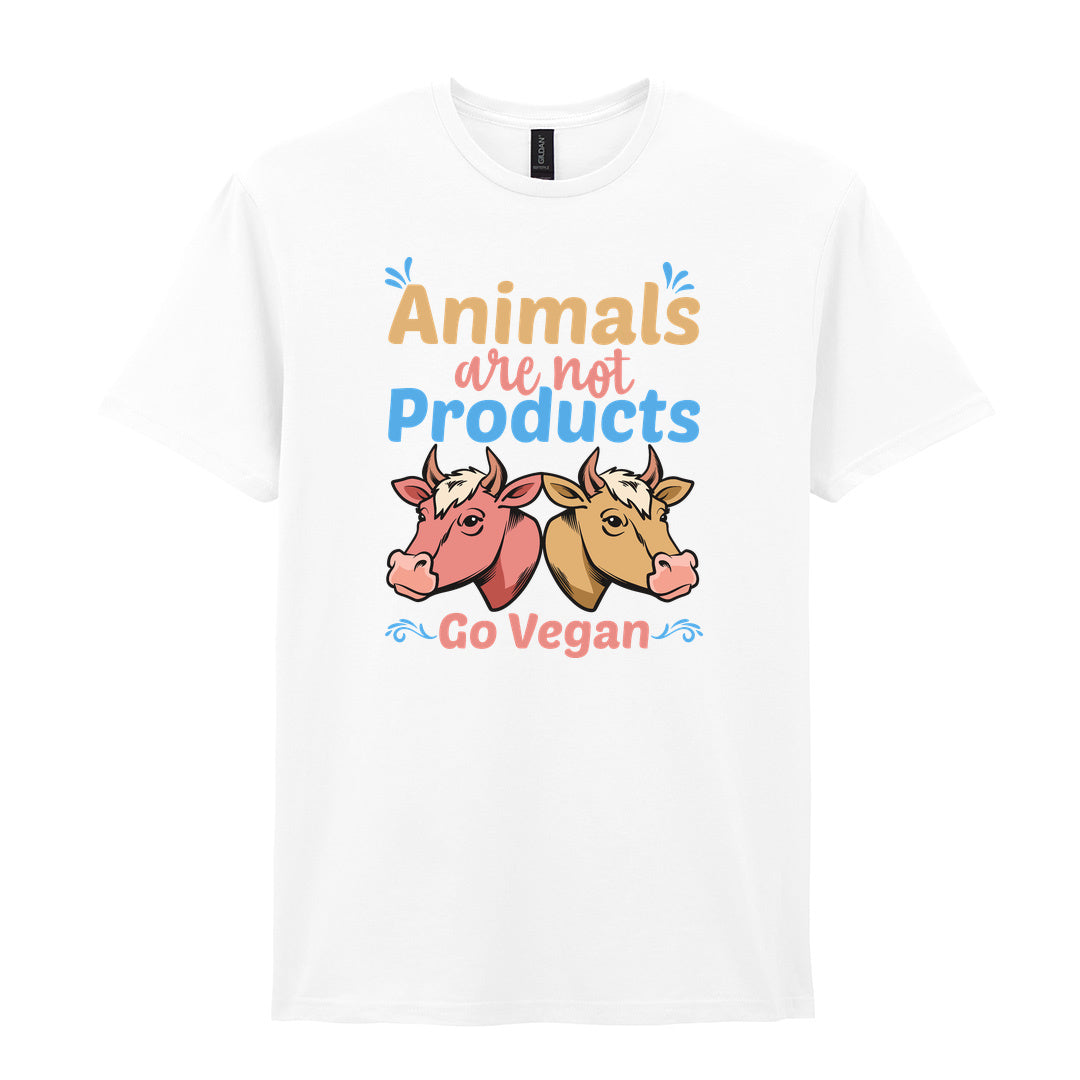 IPRINTOP Animals Are Not Products Go Vegan Graphic T-Shirt in White - two cows and colourful lettering
