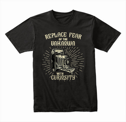 Replace Fear of Unknown with Curiosity graphic T-shirt mockup