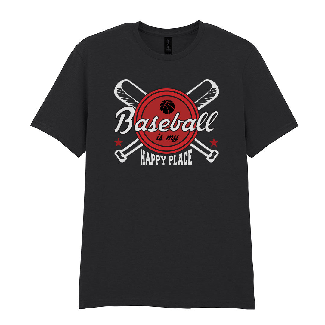 IPRINTOP Baseball Is My Happy Place 2 Graphic T-Shirt in Black - script and crossed bats