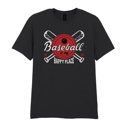 IPRINTOP Baseball Is My Happy Place 2 Graphic T-Shirt in Black - script and crossed bats