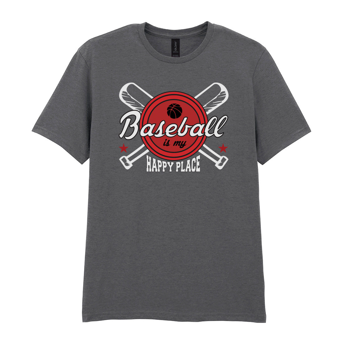 IPRINTOP Baseball Is My Happy Place 2 Graphic T-Shirt in Charcoal - script and crossed bats