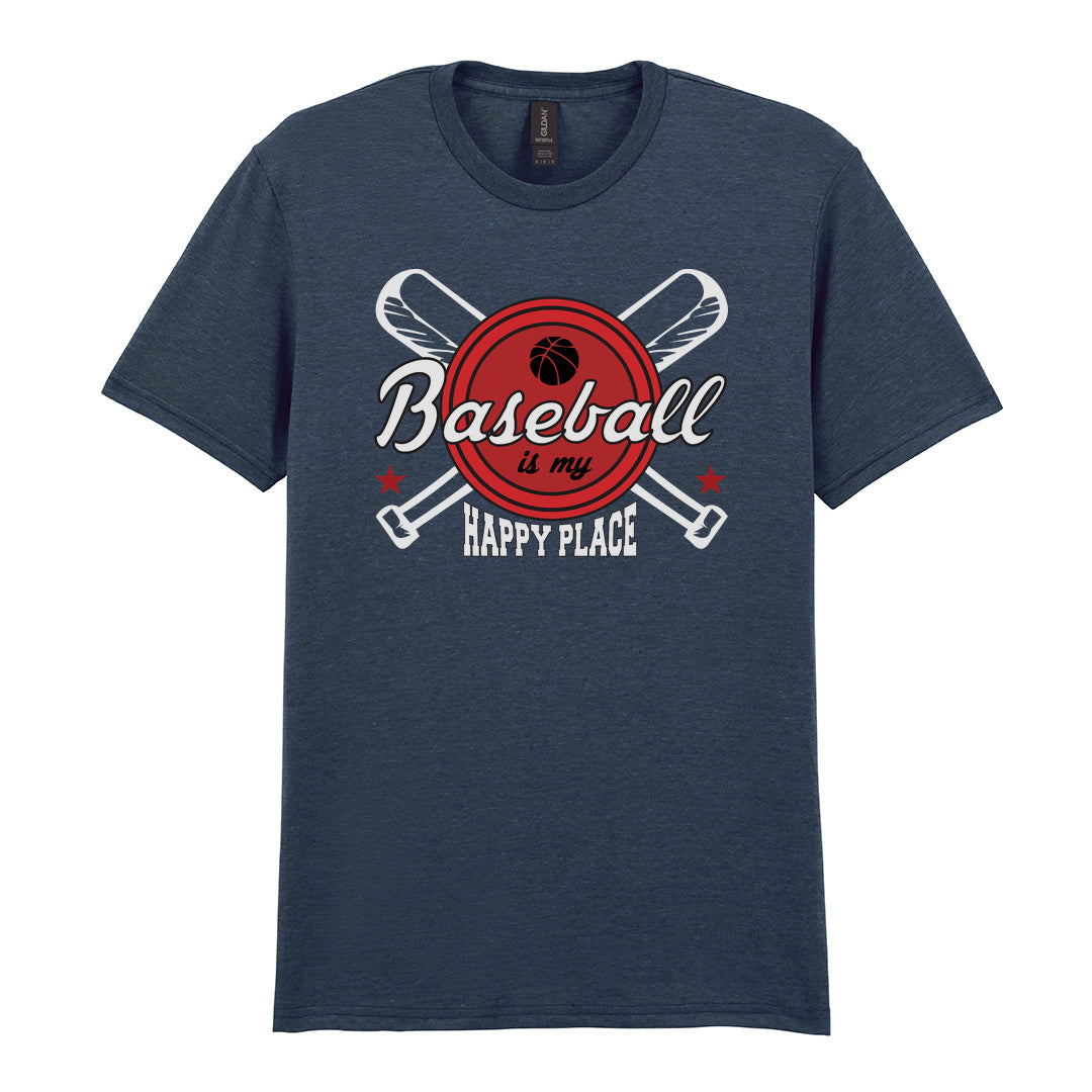 IPRINTOP Baseball Is My Happy Place 2 Graphic T-Shirt in Dark Heather - script and crossed bats