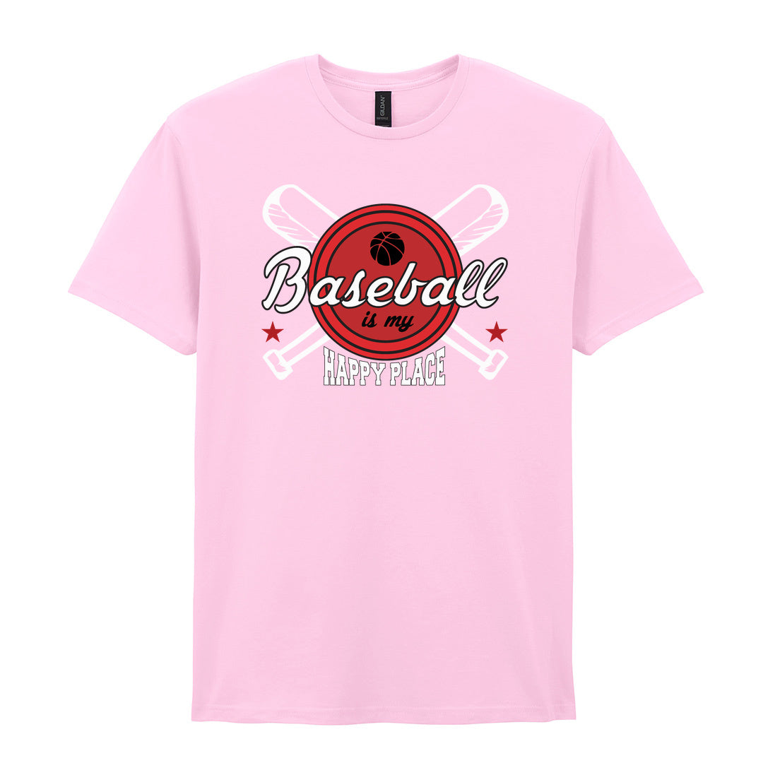 IPRINTOP Baseball Is My Happy Place 2 Graphic T-Shirt in Light Pink - script and crossed bats