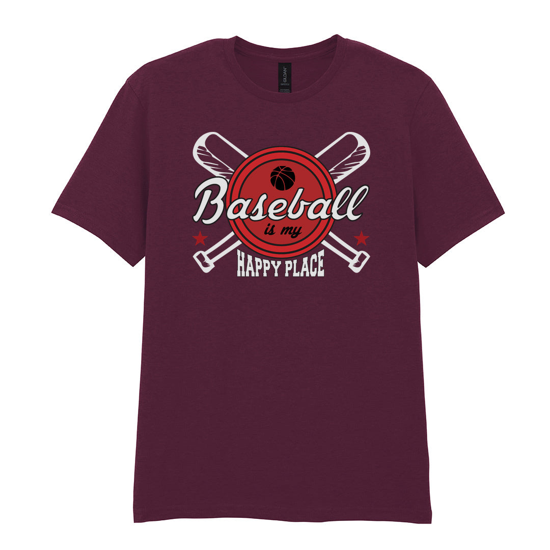 IPRINTOP Baseball Is My Happy Place 2 Graphic T-Shirt in Maroon - script and crossed bats