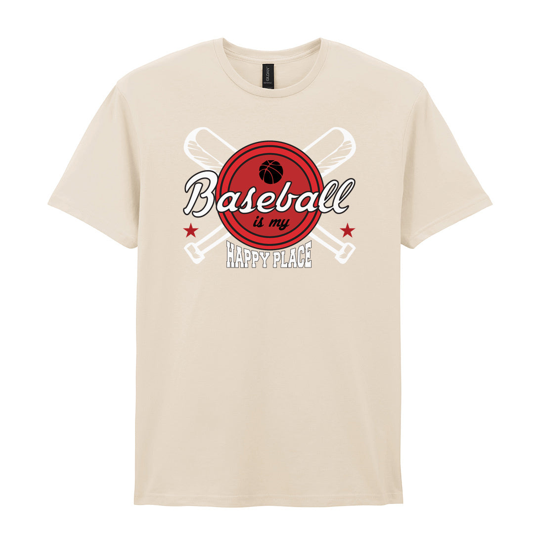 IPRINTOP Baseball Is My Happy Place 2 Graphic T-Shirt in Natural - script and crossed bats