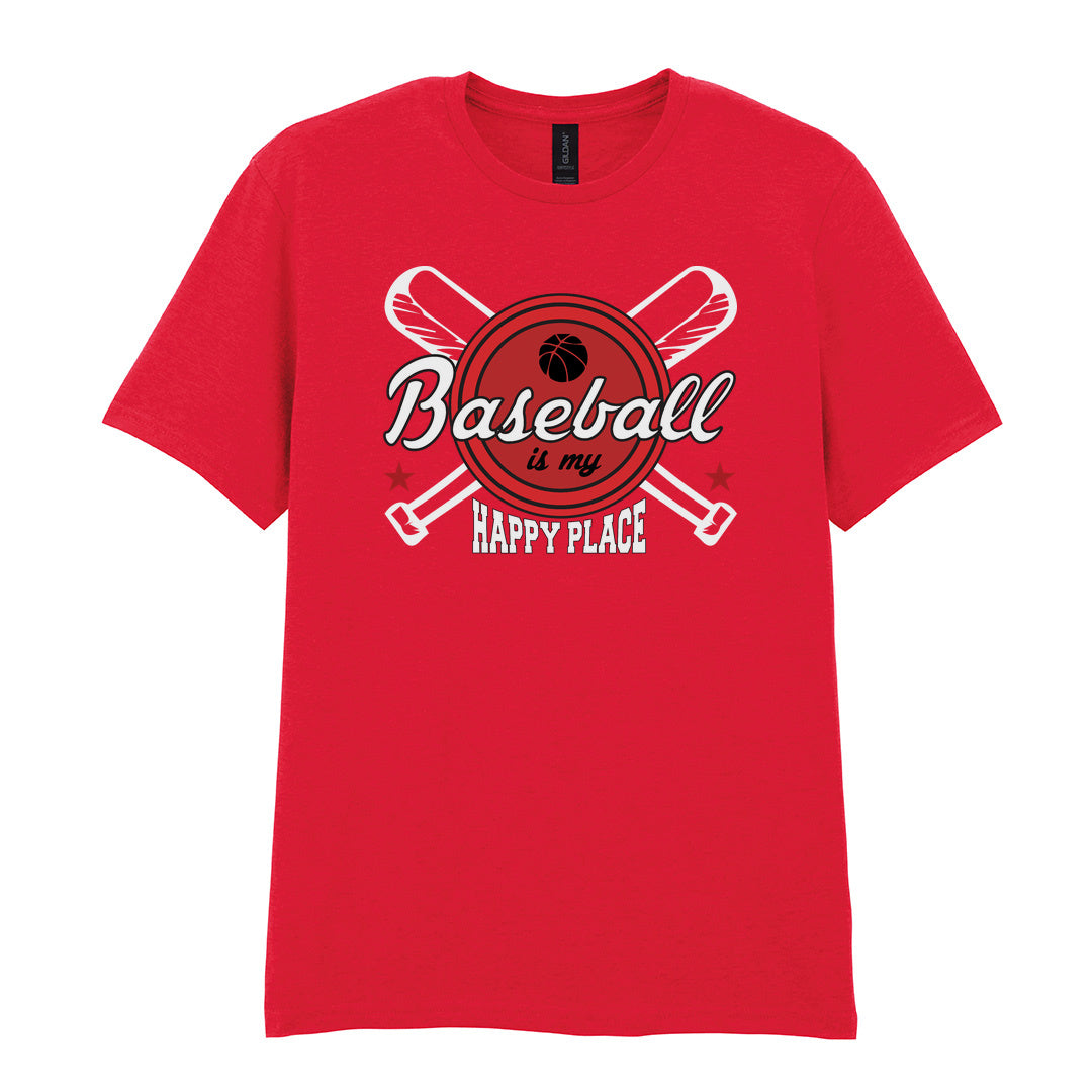 IPRINTOP Baseball Is My Happy Place 2 Graphic T-Shirt in Red - script and crossed bats