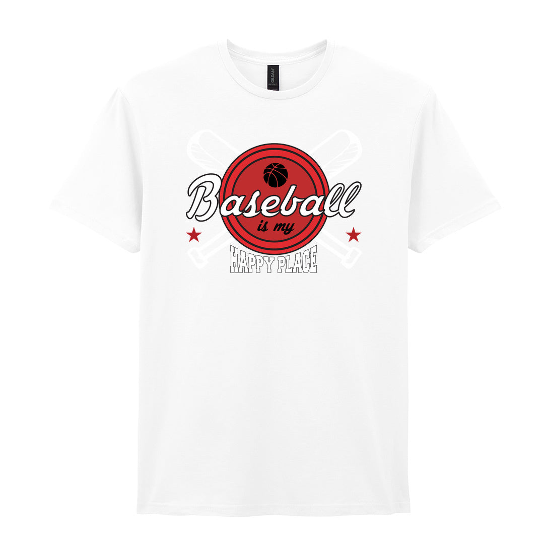 IPRINTOP Baseball Is My Happy Place 2 Graphic T-Shirt in White - script and crossed bats