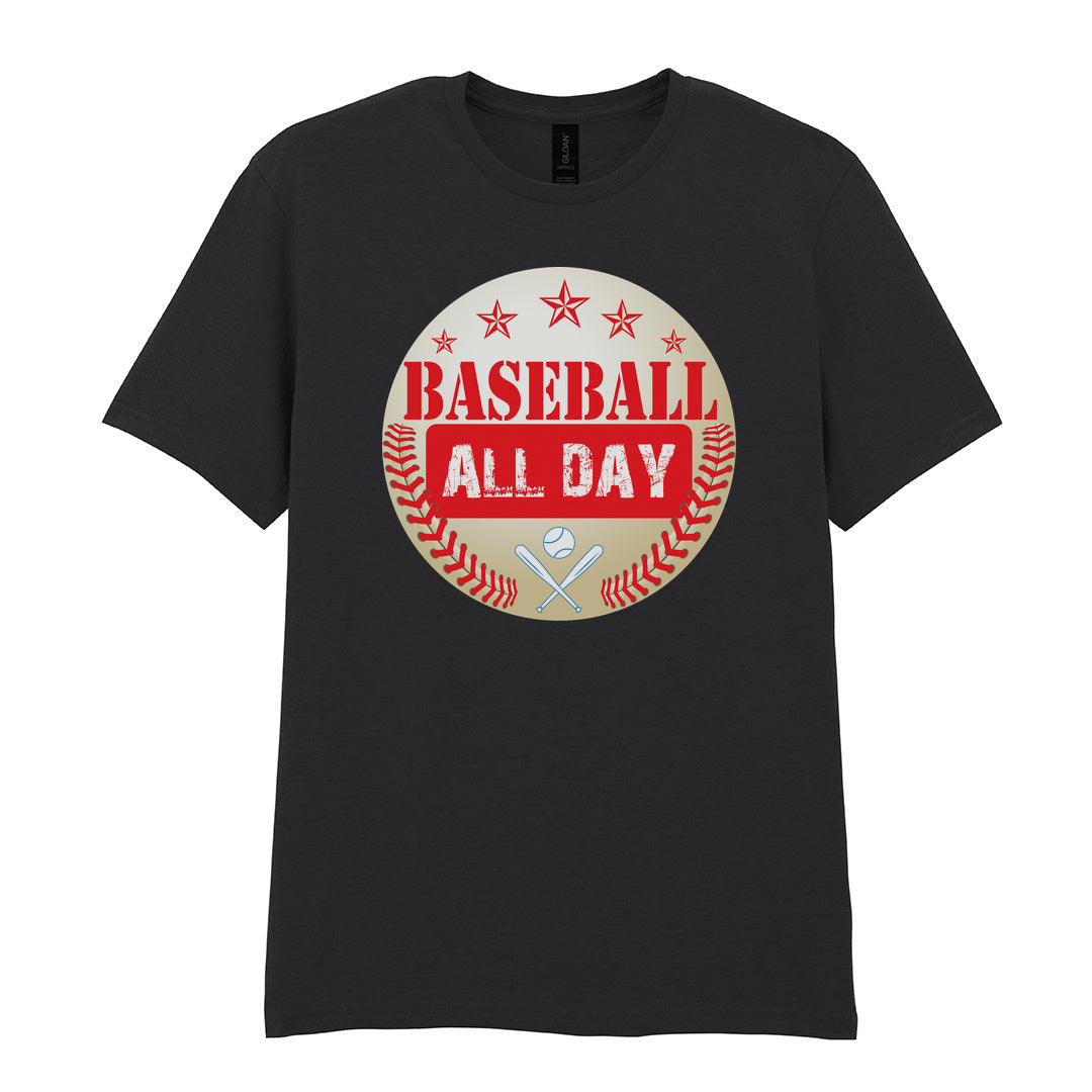 IPRINTOP Baseball All Day - Design 2 Graphic T-Shirt in Black - red lettering, stars and crossed bats