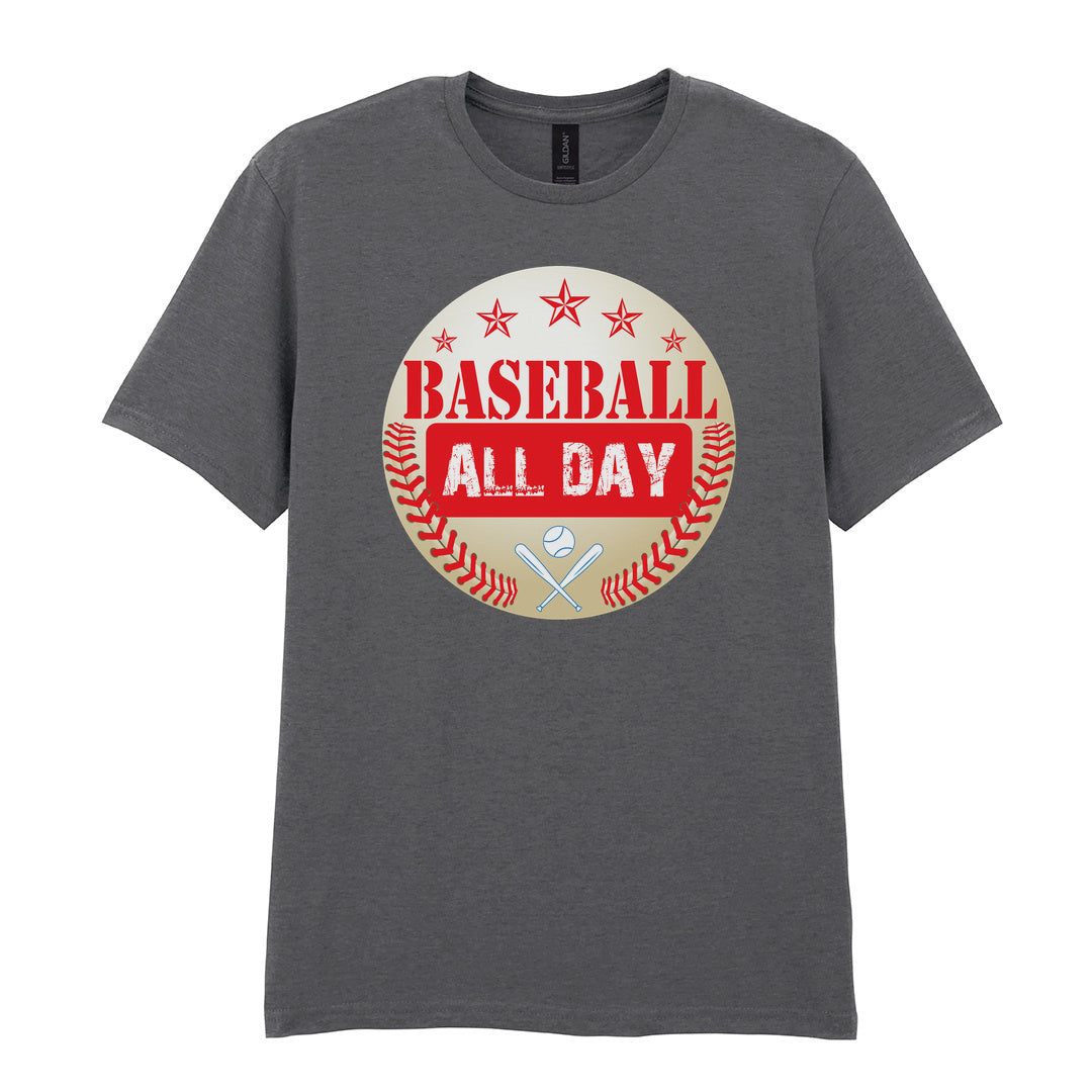 IPRINTOP Baseball All Day - Design 2 Graphic T-Shirt in Charcoal - red lettering, stars and crossed bats