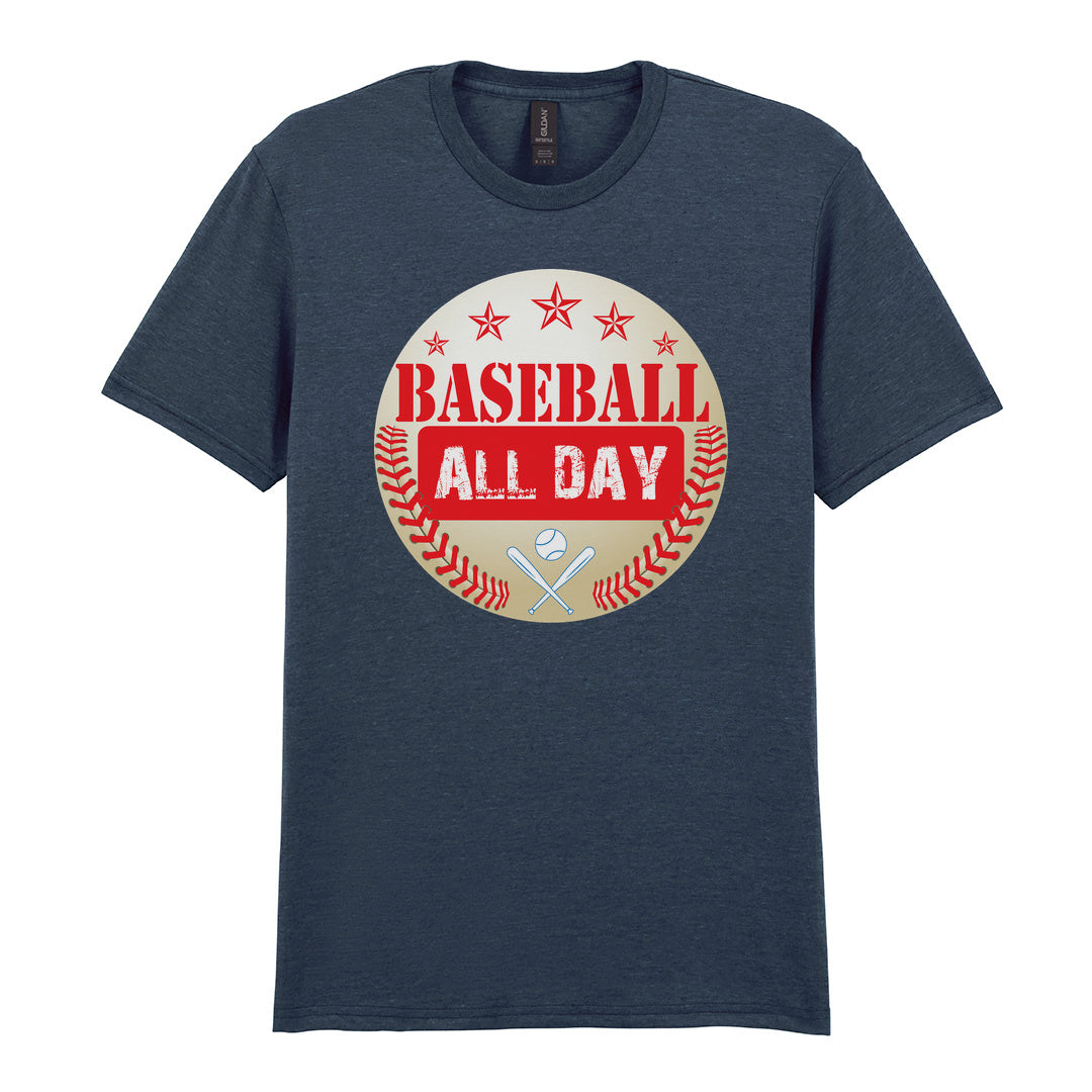 IPRINTOP Baseball All Day - Design 2 Graphic T-Shirt in Dark Heather - red lettering, stars and crossed bats