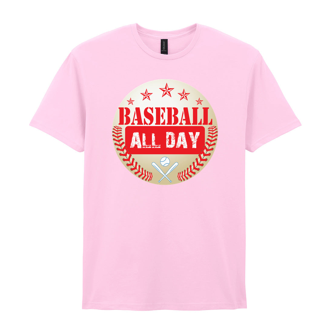 IPRINTOP Baseball All Day - Design 2 Graphic T-Shirt in Light Pink - red lettering, stars and crossed bats