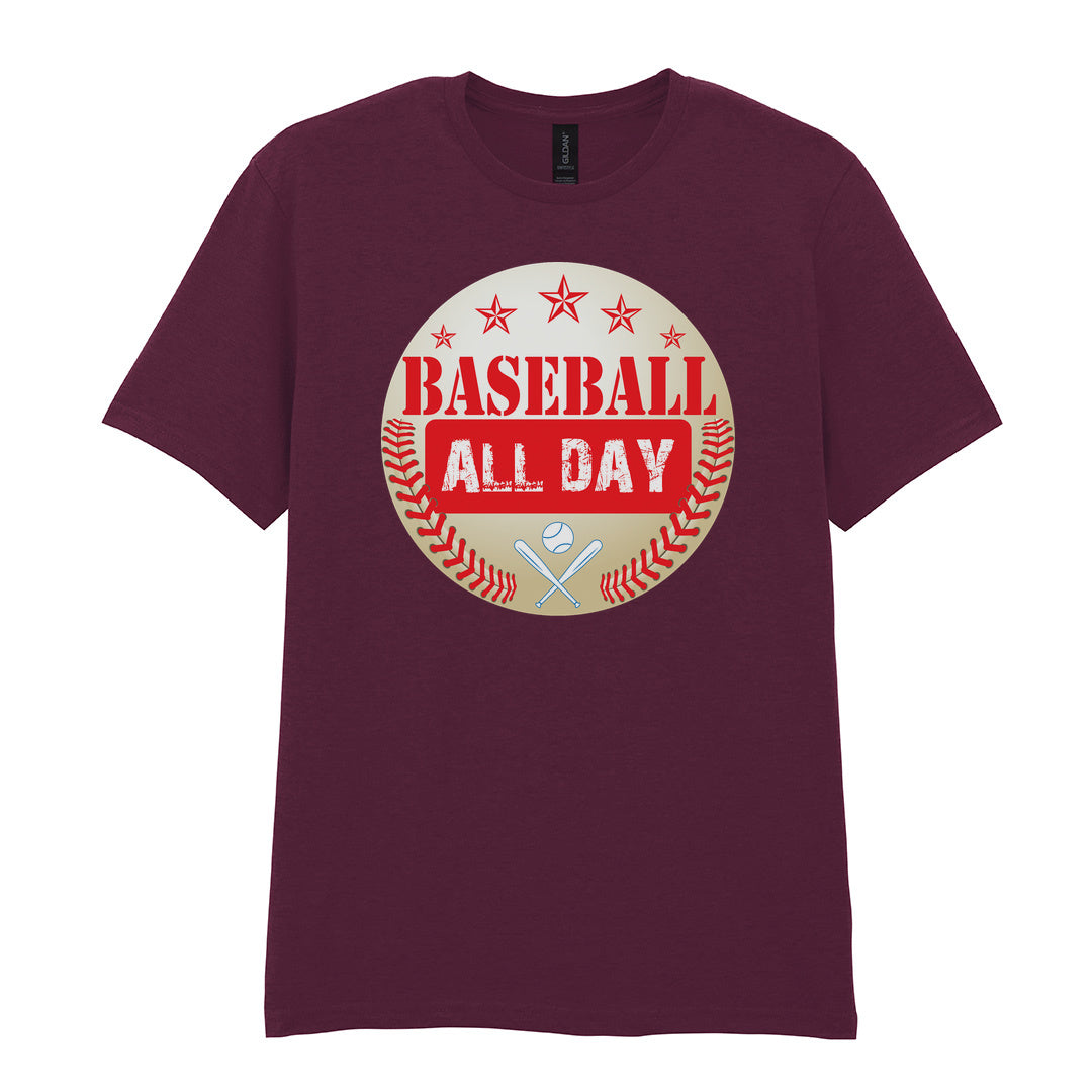 IPRINTOP Baseball All Day - Design 2 Graphic T-Shirt in Maroon - red lettering, stars and crossed bats