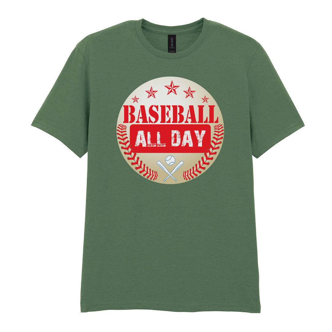 IPRINTOP Baseball All Day - Design 2 Graphic T-Shirt in Military Green - red lettering, stars and crossed bats