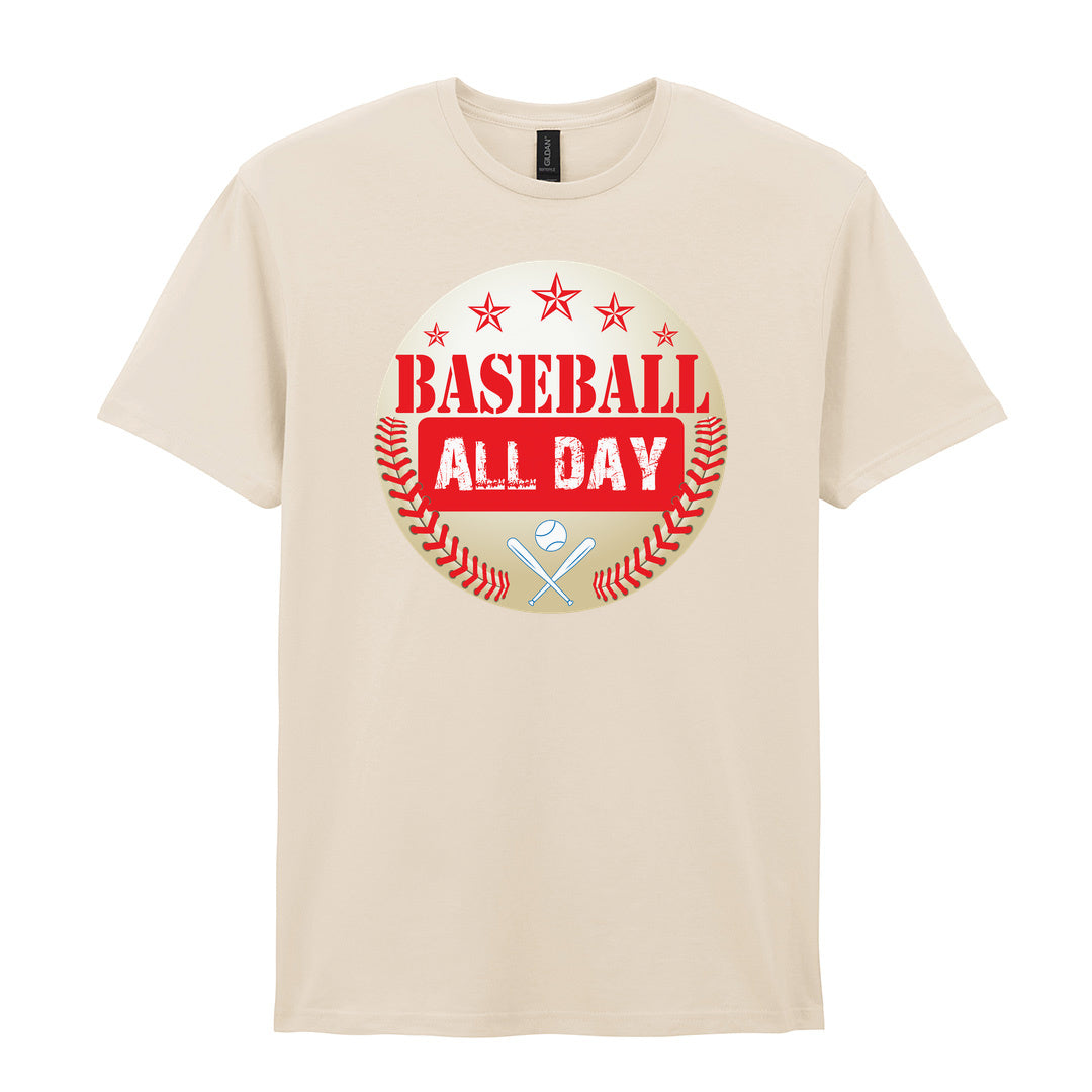 IPRINTOP Baseball All Day - Design 2 Graphic T-Shirt in Natural - red lettering, stars and crossed bats