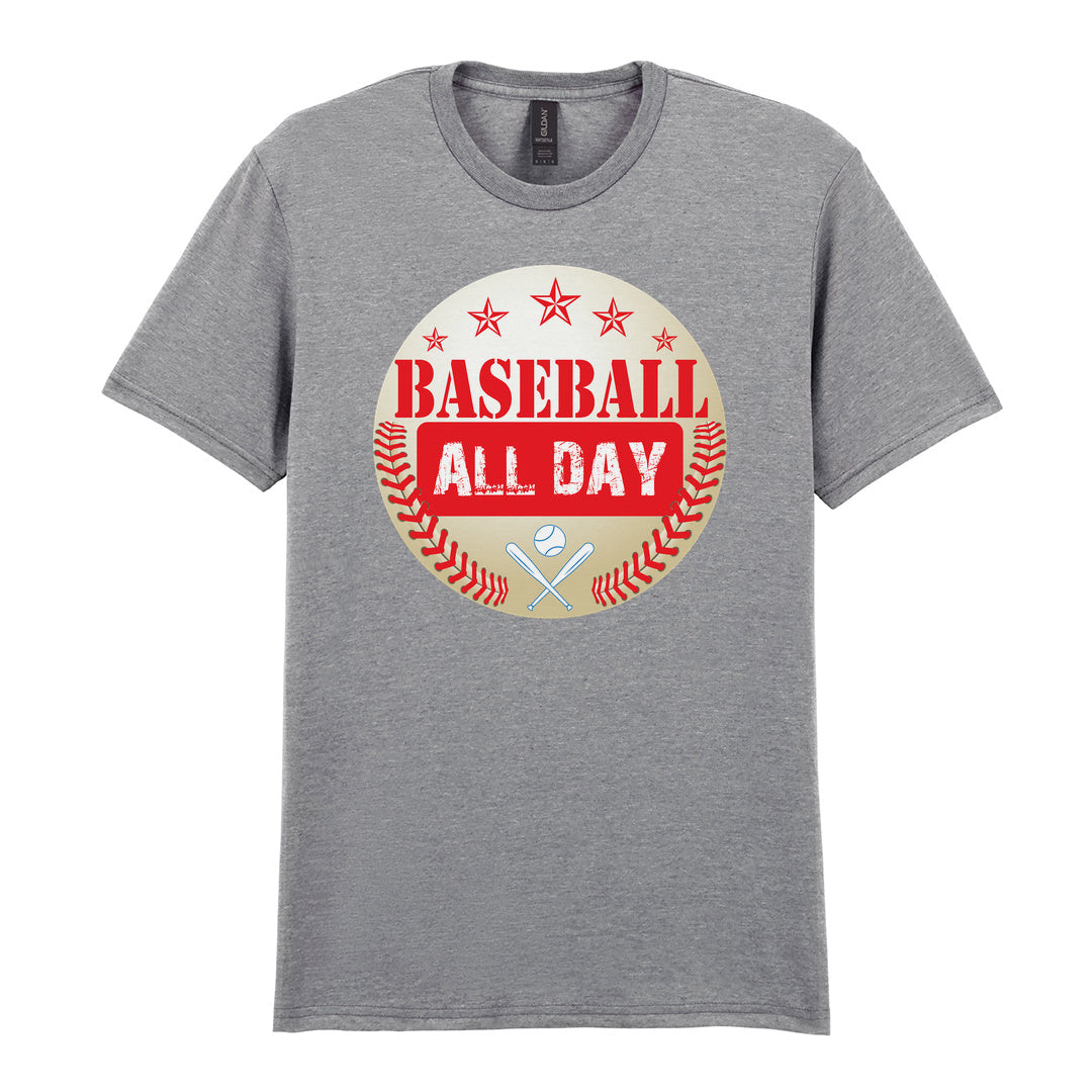 IPRINTOP Baseball All Day - Design 2 Graphic T-Shirt in RS Sports Grey - red lettering, stars and crossed bats