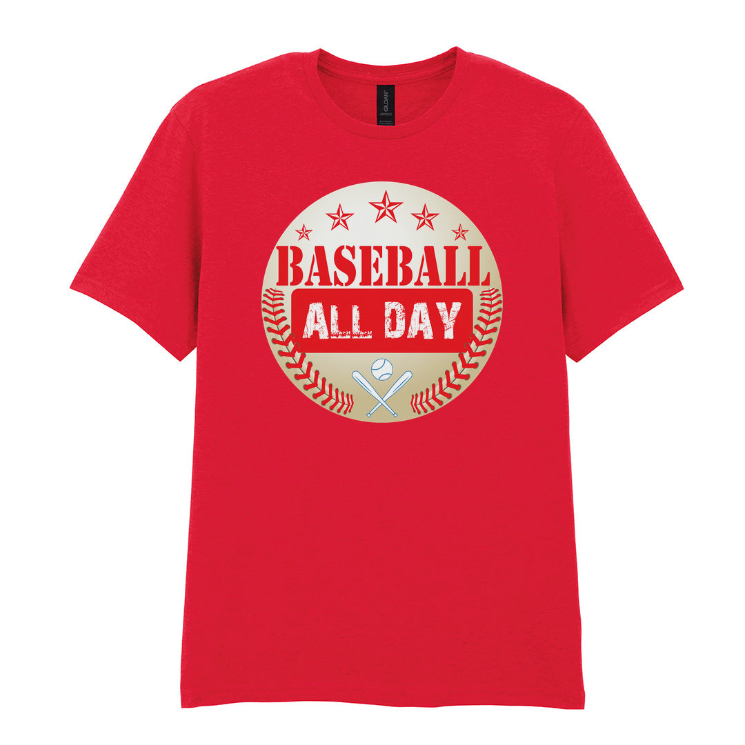 IPRINTOP Baseball All Day - Design 2 Graphic T-Shirt in Red - red lettering, stars and crossed bats