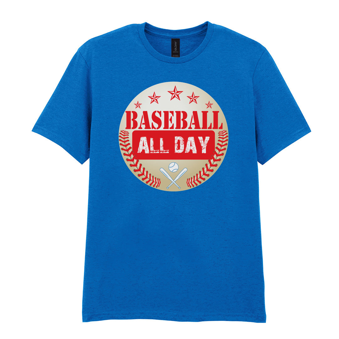 IPRINTOP Baseball All Day - Design 2 Graphic T-Shirt in Royal - red lettering, stars and crossed bats