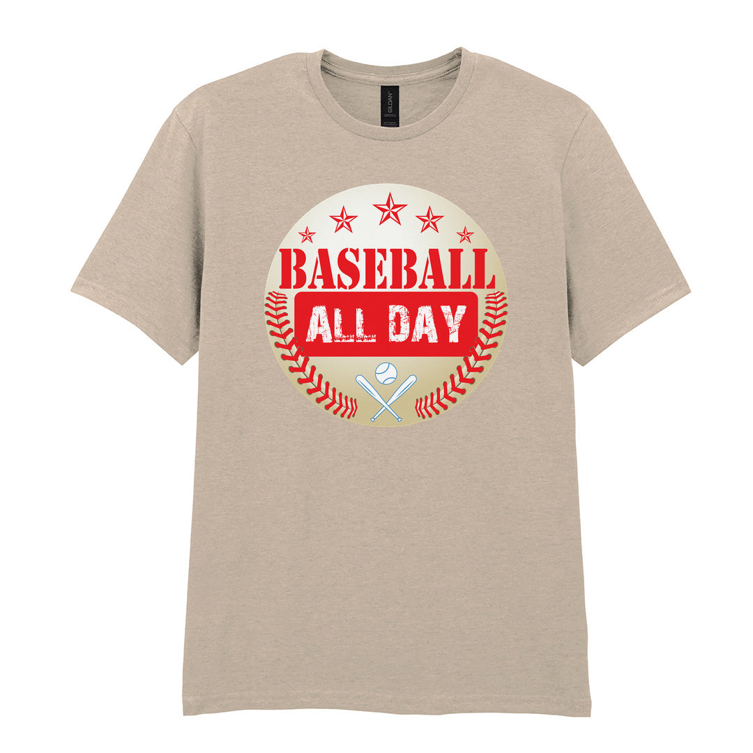 IPRINTOP Baseball All Day - Design 2 Graphic T-Shirt in Sand - red lettering, stars and crossed bats