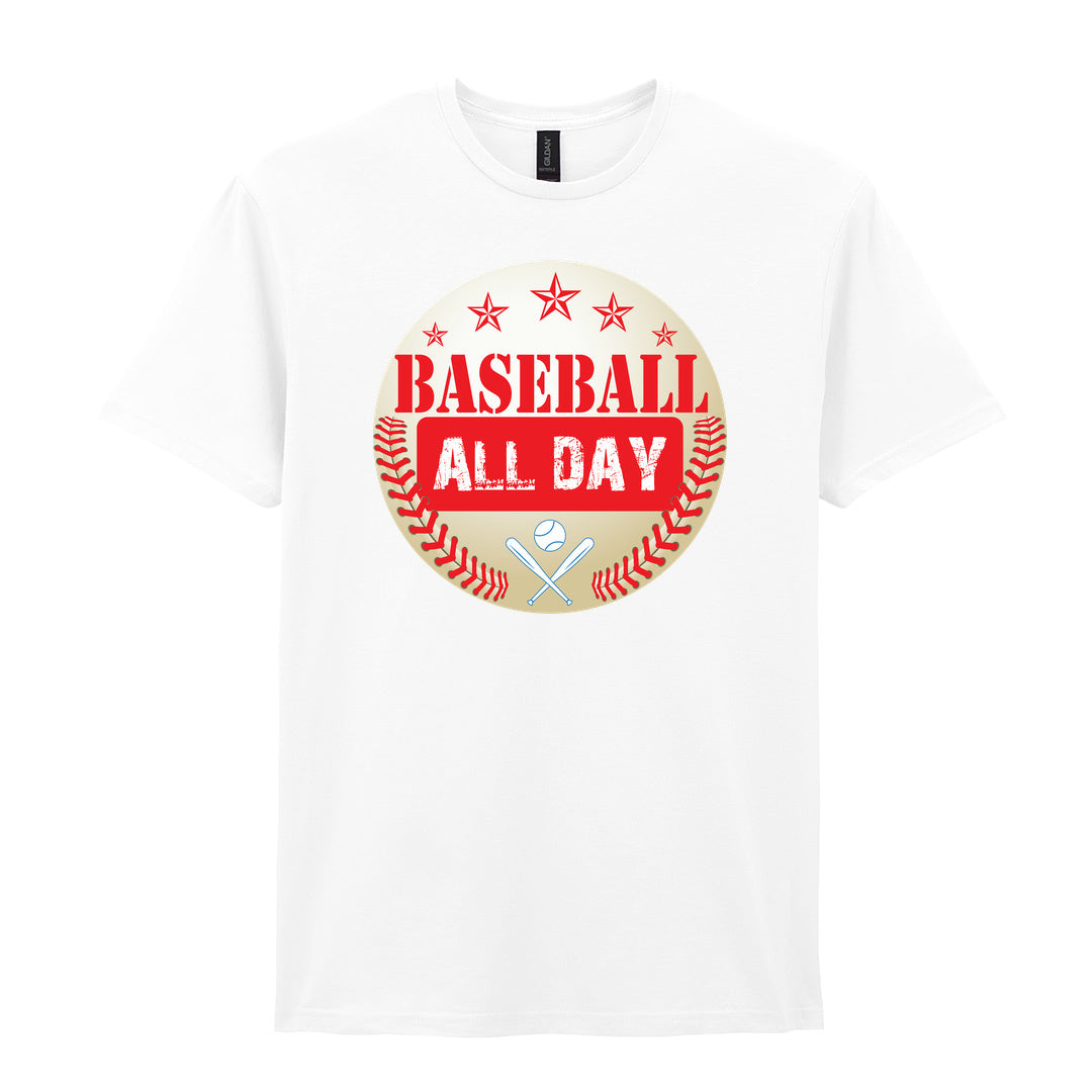 IPRINTOP Baseball All Day - Design 2 Graphic T-Shirt in White - red lettering, stars and crossed bats