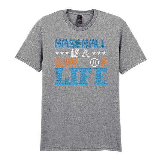 IPRINTOP Baseball Is a Way of Life - Design 1 Graphic T-Shirt in RS Sports Grey - blue and orange slogan