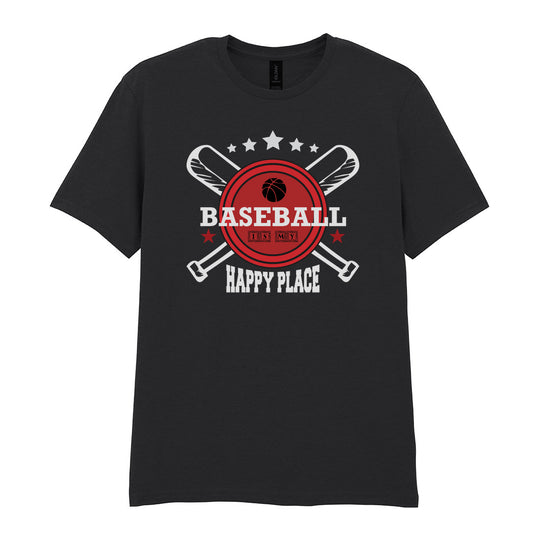 IPRINTOP Baseball Is My Happy Place Graphic T-Shirt in Black - red badge and crossed bats