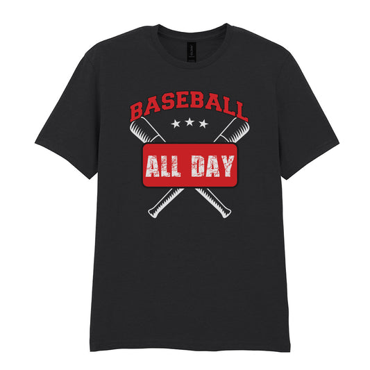 IPRINTOP Baseball All Day - Design 1 Graphic T-Shirt in Black - red slogan and crossed bats