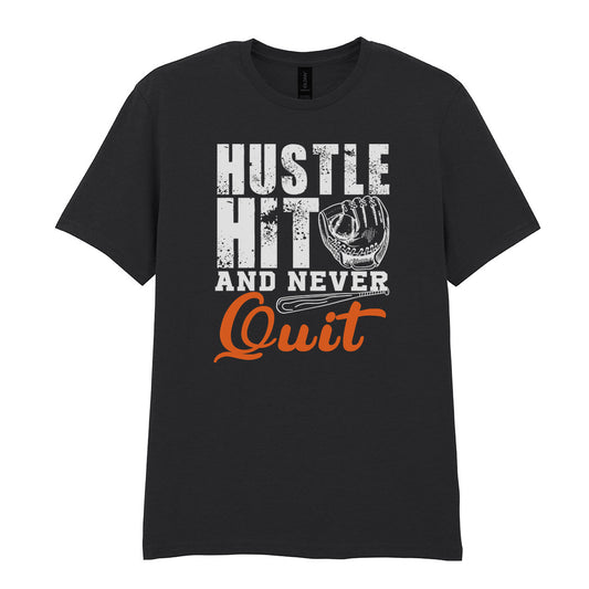 IPRINTOP Hustle Hit and Never Quit Graphic T-Shirt in Black - glove and orange Quit script