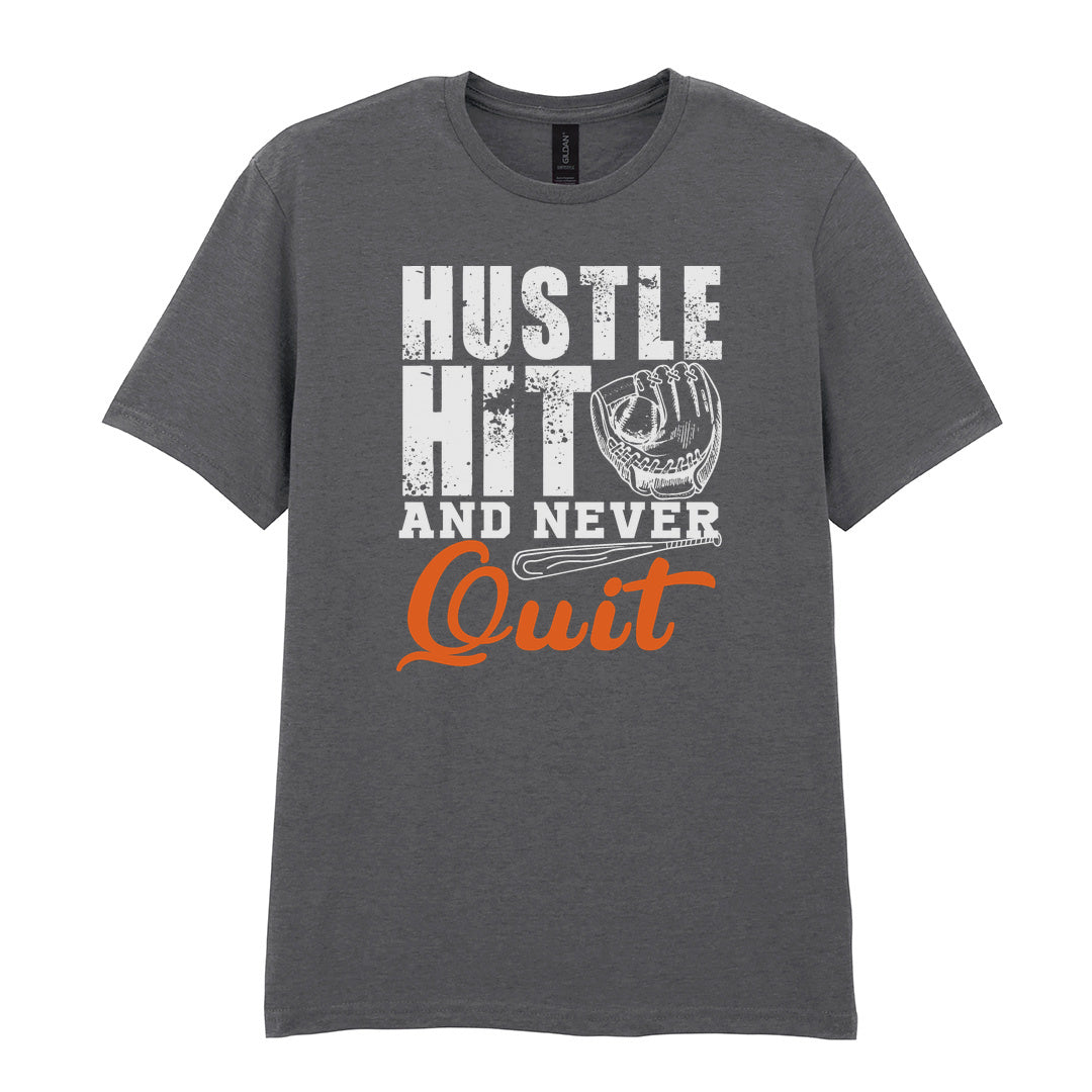 IPRINTOP Hustle Hit and Never Quit Graphic T-Shirt in Charcoal - glove and orange Quit script