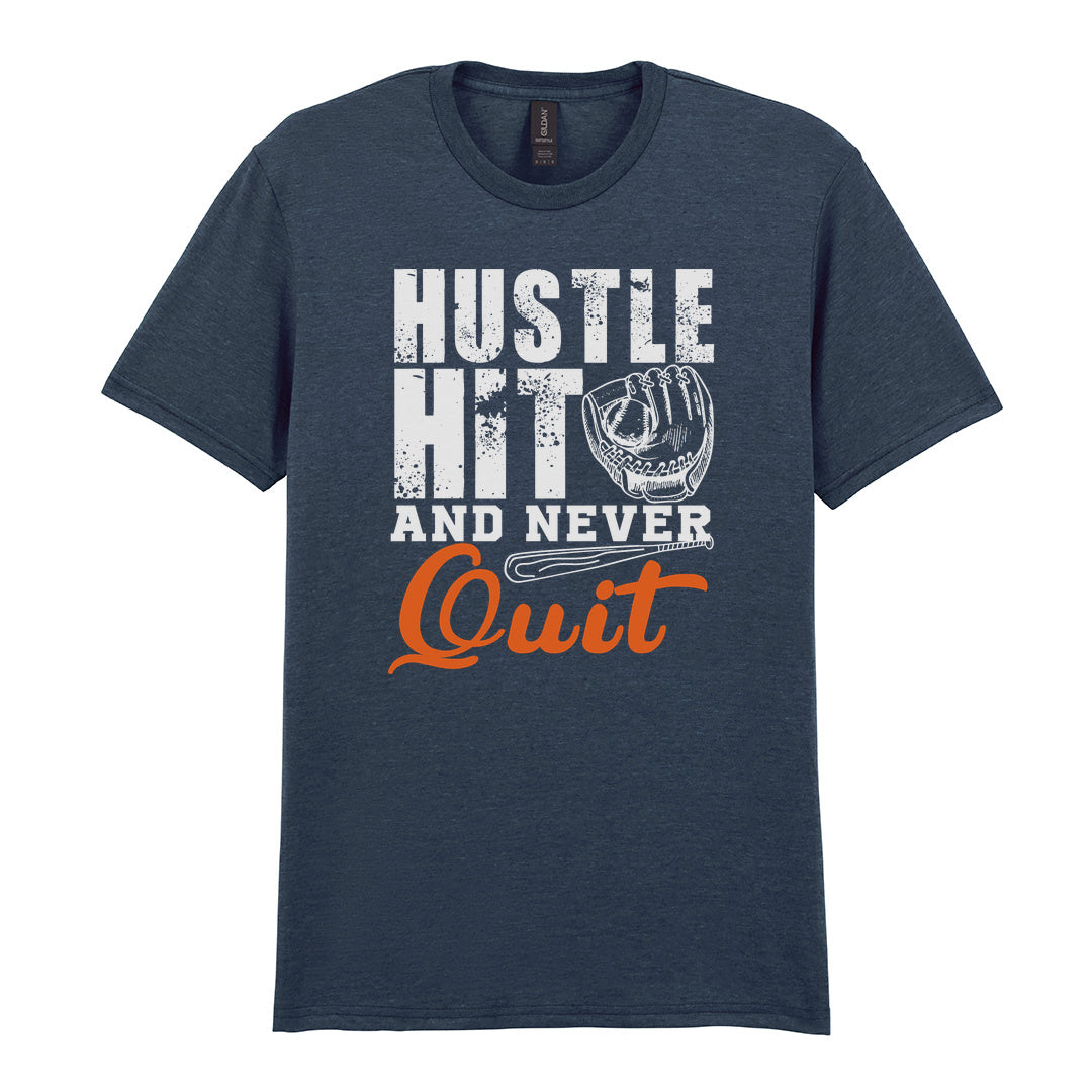 IPRINTOP Hustle Hit and Never Quit Graphic T-Shirt in Dark Heather - glove and orange Quit script