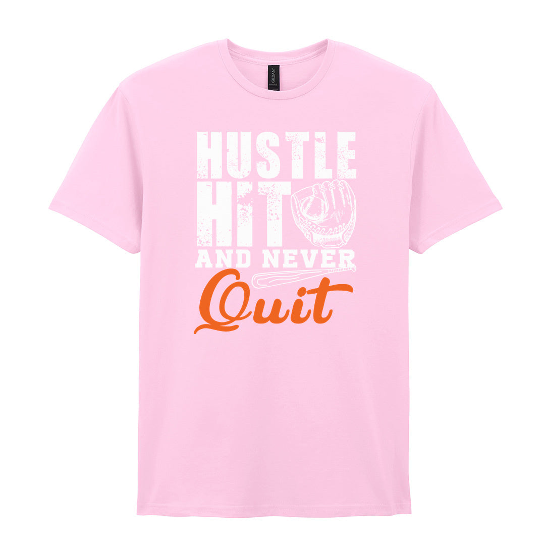 IPRINTOP Hustle Hit and Never Quit Graphic T-Shirt in Light Pink - glove and orange Quit script