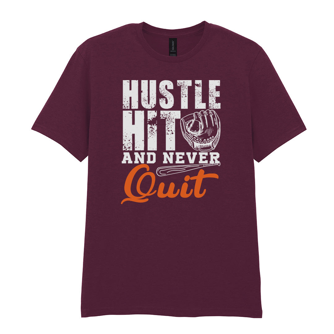 IPRINTOP Hustle Hit and Never Quit Graphic T-Shirt in Maroon - glove and orange Quit script