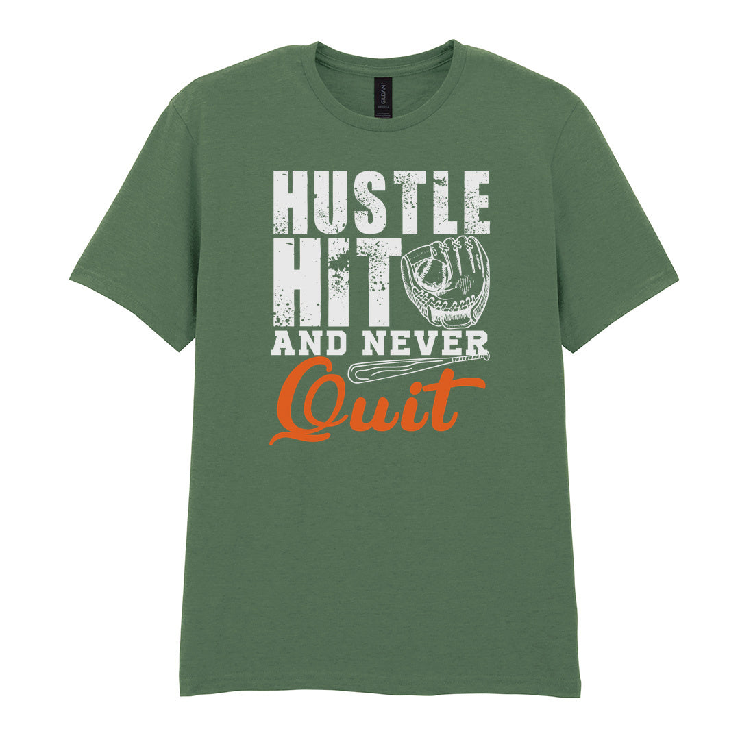 IPRINTOP Hustle Hit and Never Quit Graphic T-Shirt in Military Green - glove and orange Quit script