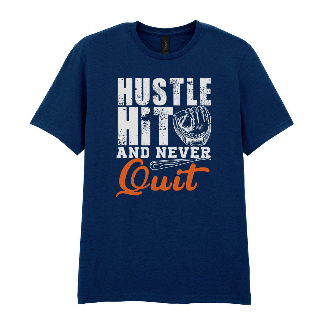 IPRINTOP Hustle Hit and Never Quit Graphic T-Shirt in Navy - glove and orange Quit script