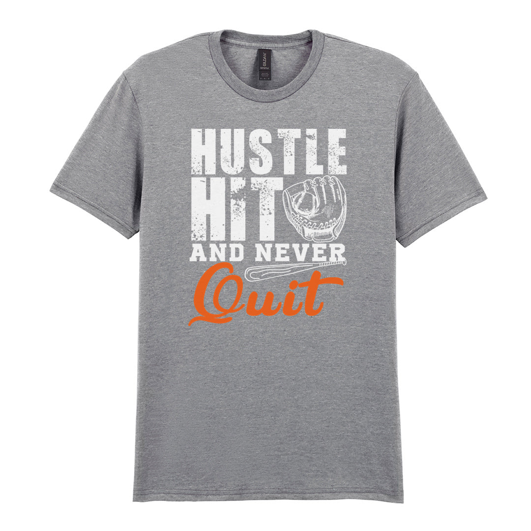 IPRINTOP Hustle Hit and Never Quit Graphic T-Shirt in RS Sports Grey - glove and orange Quit script