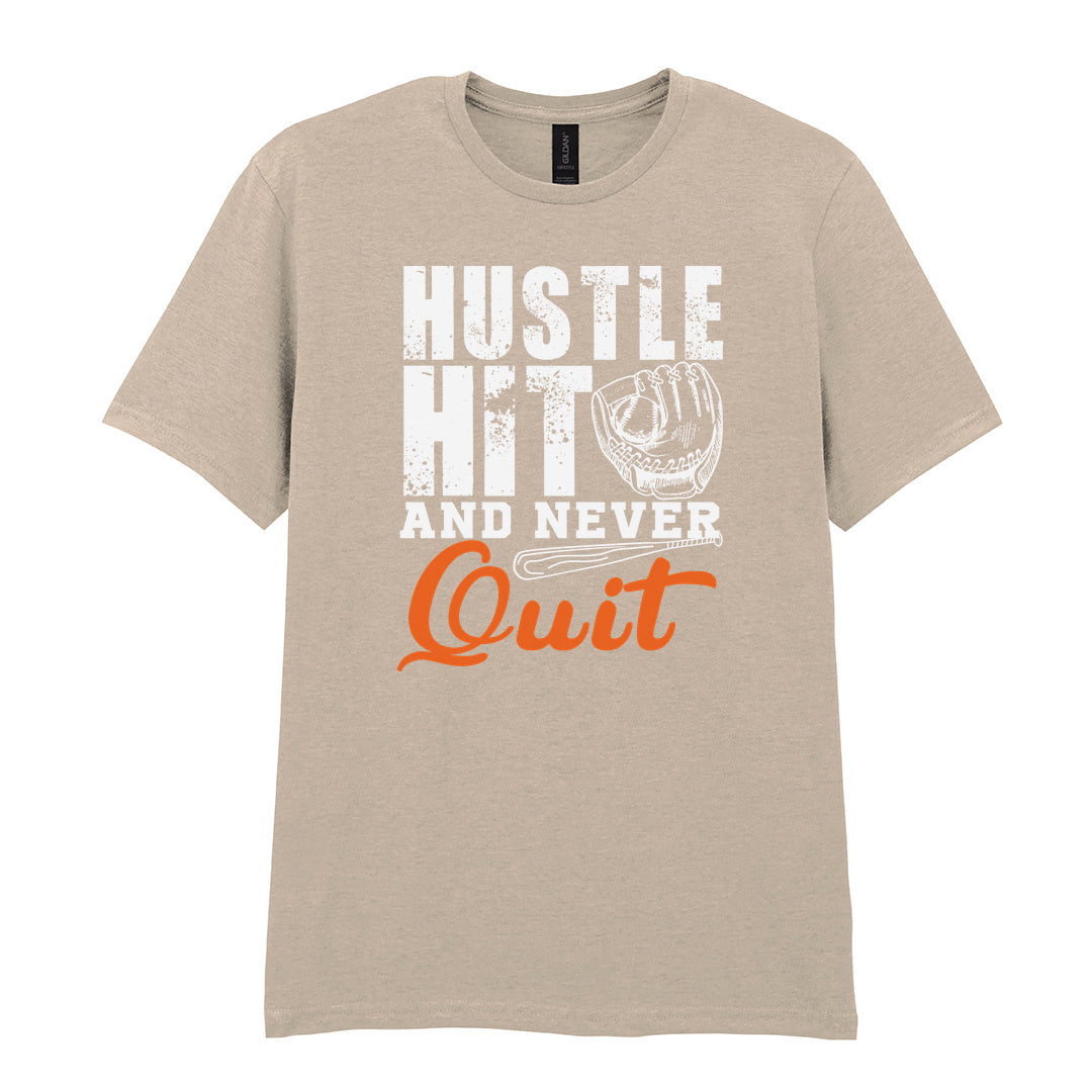 IPRINTOP Hustle Hit and Never Quit Graphic T-Shirt in Sand - glove and orange Quit script