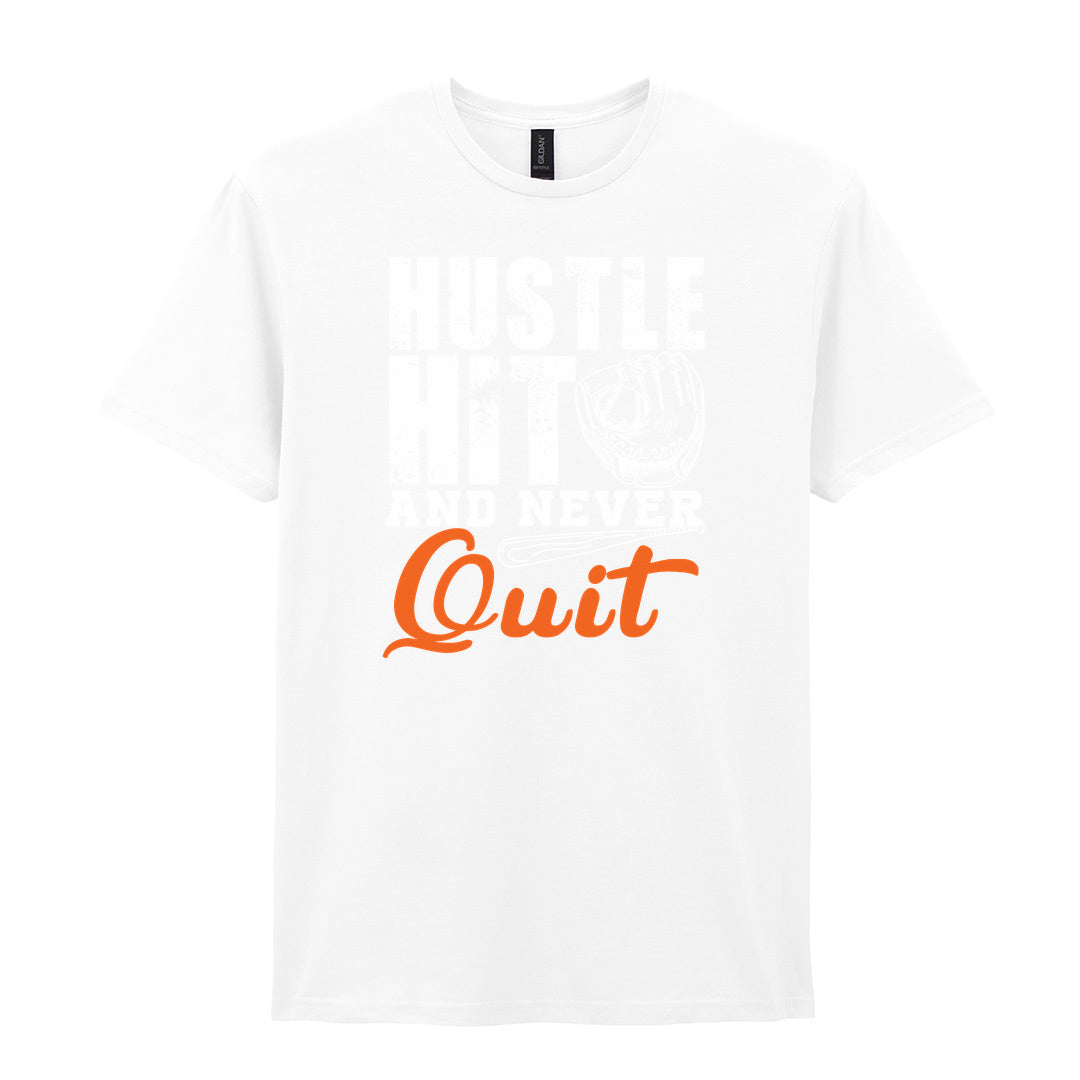 IPRINTOP Hustle Hit and Never Quit Graphic T-Shirt in White - glove and orange Quit script