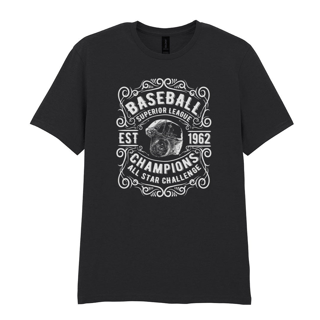 IPRINTOP Baseball Superior League Graphic T-Shirt in Black - ornate helmet badge