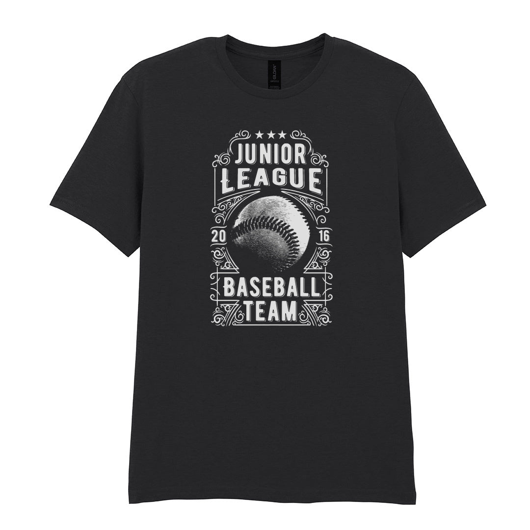 IPRINTOP Junior League Baseball Team Graphic T-Shirt in Black - ornate baseball badge