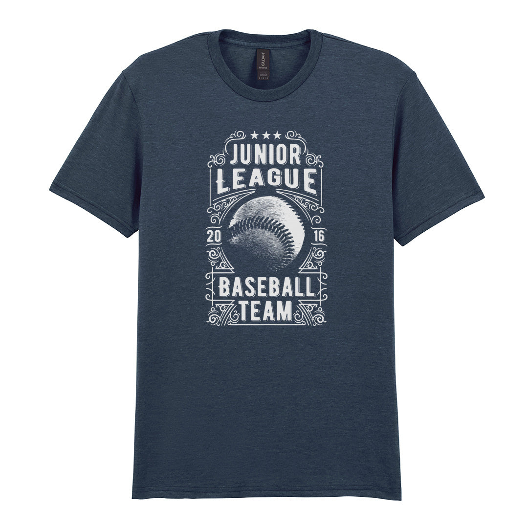 IPRINTOP Junior League Baseball Team Graphic T-Shirt in Dark Heather - ornate baseball badge