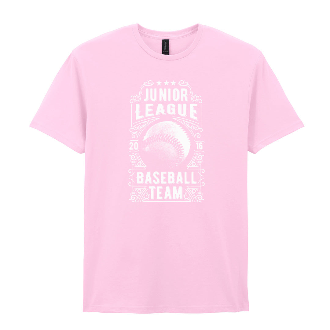 IPRINTOP Junior League Baseball Team Graphic T-Shirt in Light Pink - ornate baseball badge