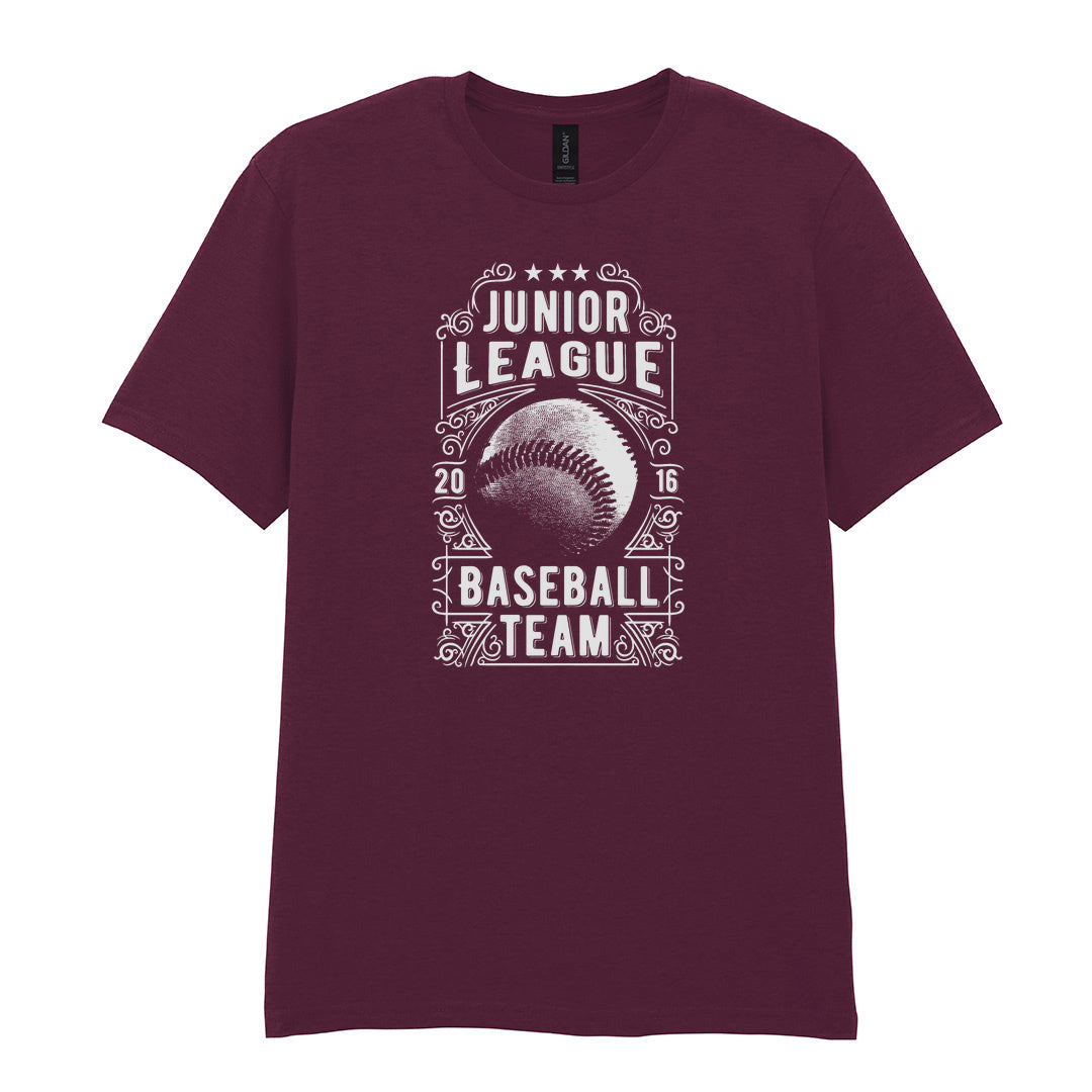 IPRINTOP Junior League Baseball Team Graphic T-Shirt in Maroon - ornate baseball badge
