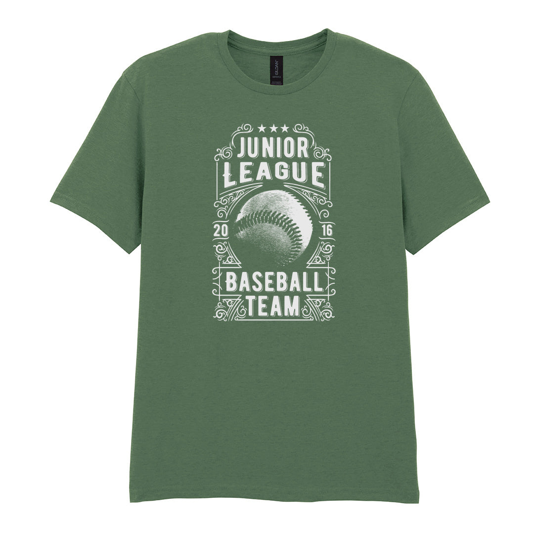 IPRINTOP Junior League Baseball Team Graphic T-Shirt in Military Green - ornate baseball badge