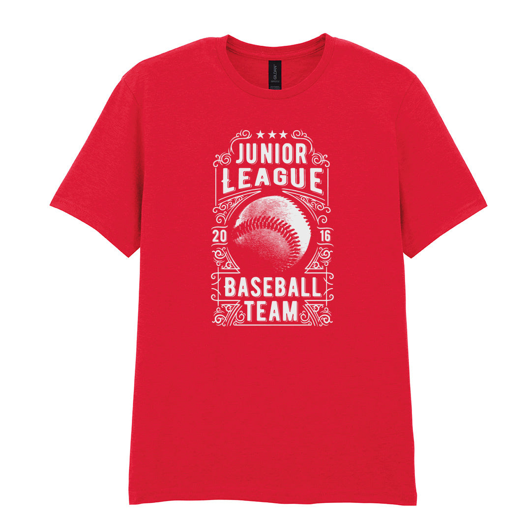 IPRINTOP Junior League Baseball Team Graphic T-Shirt in Red - ornate baseball badge